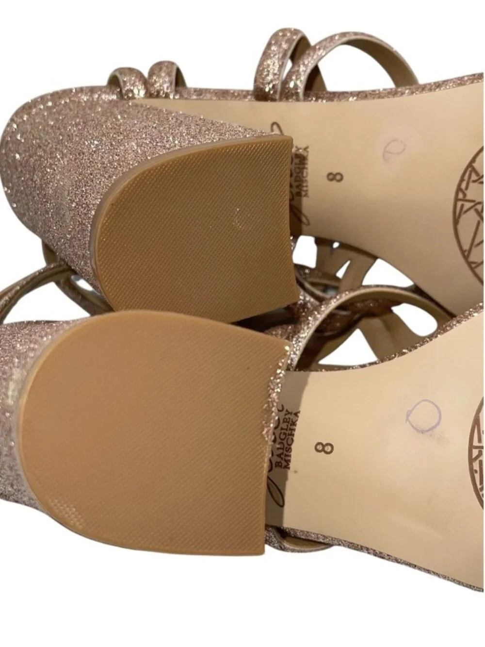 Jewel Badgley Mischka Heeled Sandals 8 US Rose Gold Shari Glitter Caged